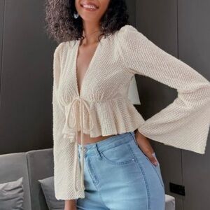 Elegant Cream Knit Tie-Front Top